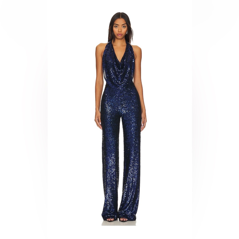 Nookie sequin jumpsuit revolve navy halter